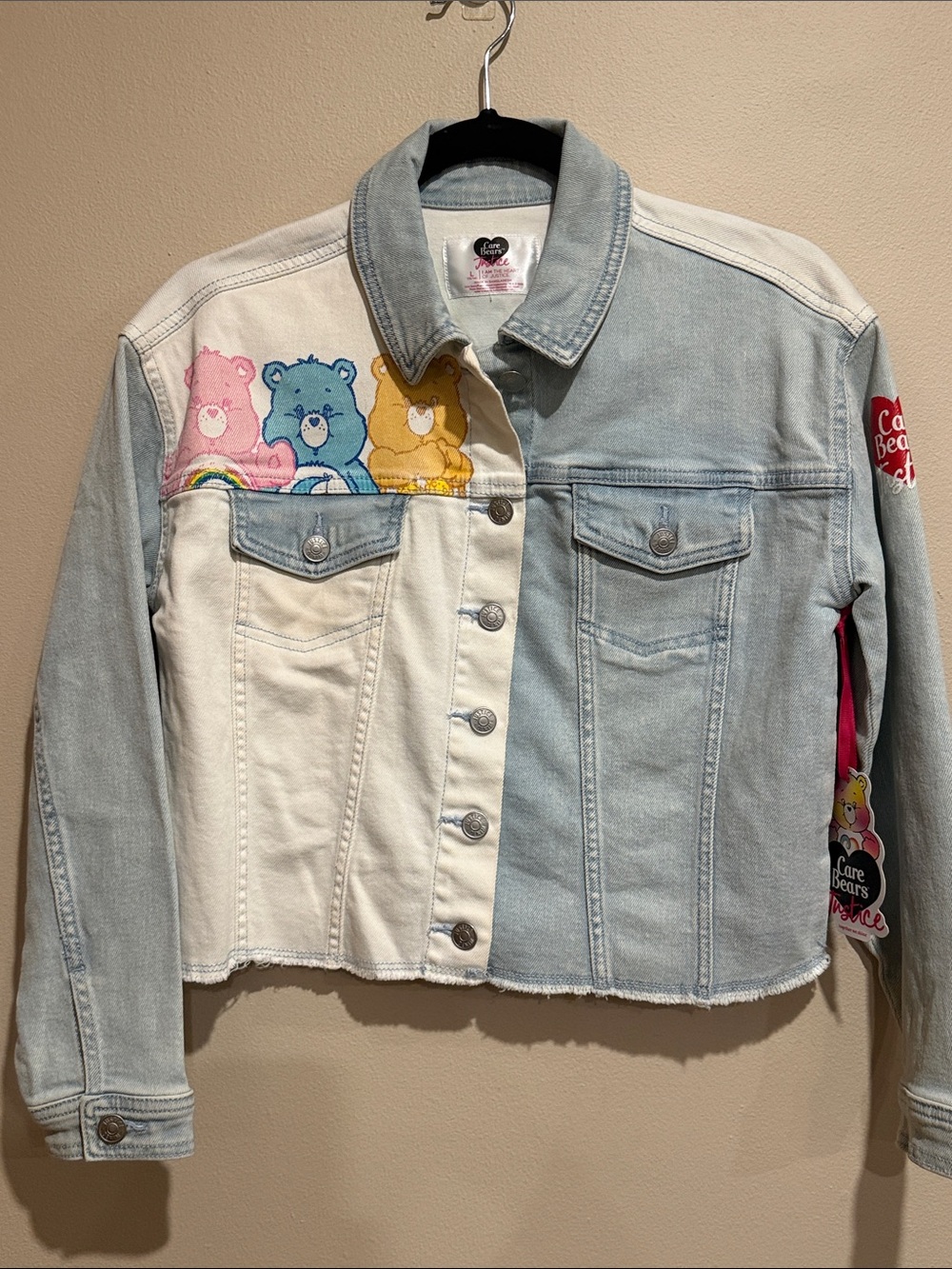 Care Bears x Justice Colorblock Denim Jacket Light Blue & Cream Kids size 12/14